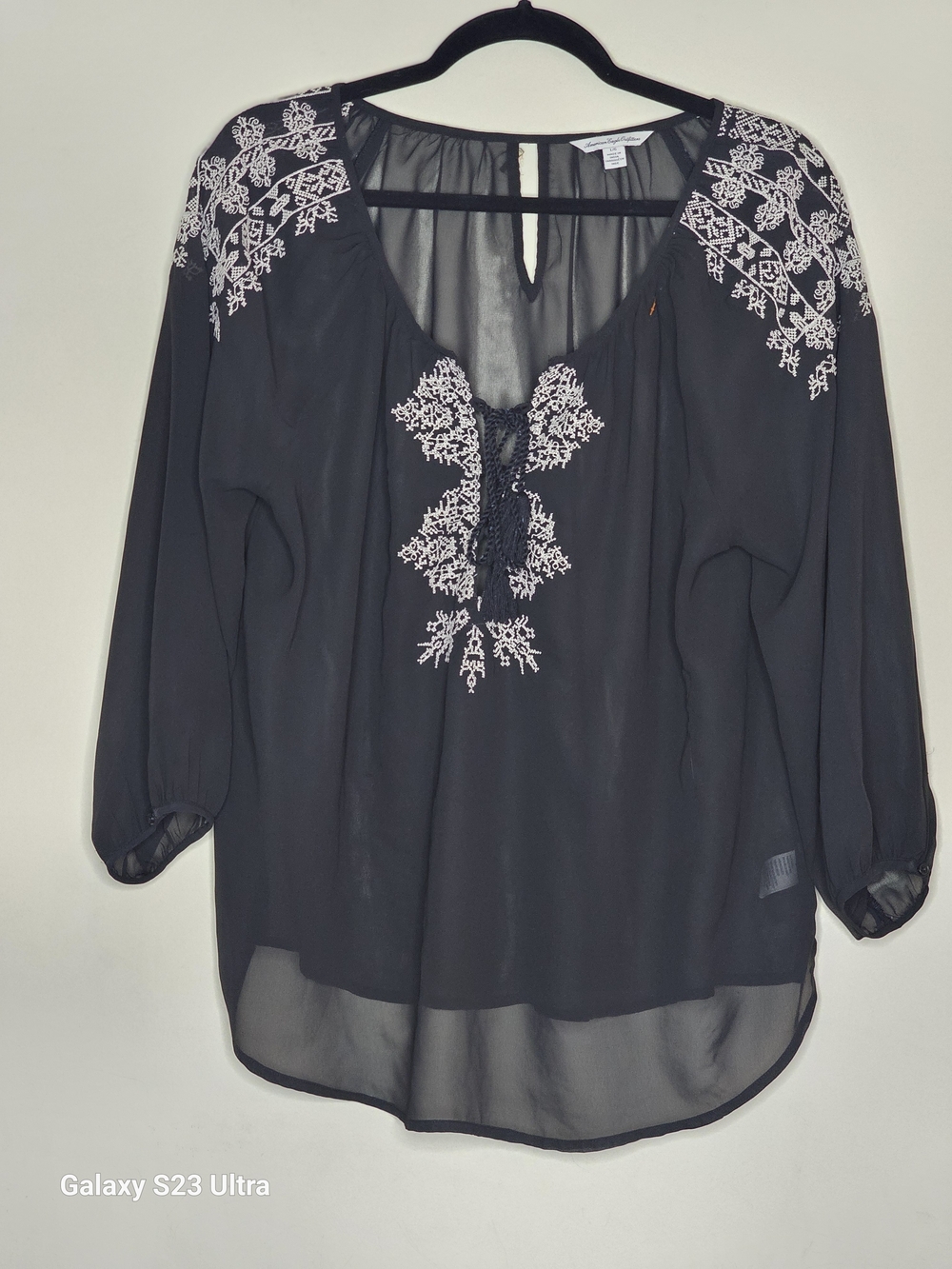 American Eagle Outfitters Black Blouse with White Embroidery